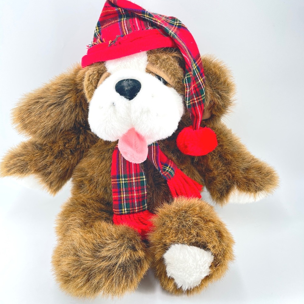 Vintage 90s Commonwealth Digby Christmas St Bernard Dog Plush Plaid Hat Scarf